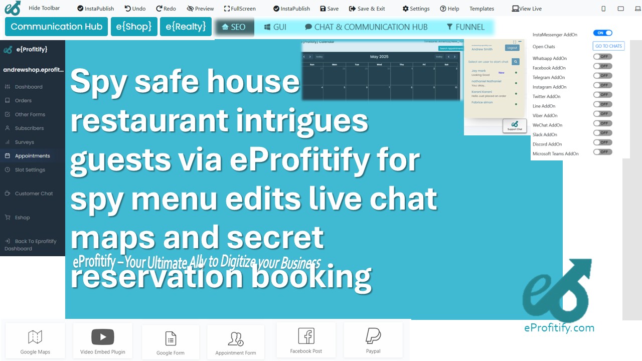 Spy safe house restaurant intrigues guests via eProfitify for spy menu edits live chat maps and secret reservation booking